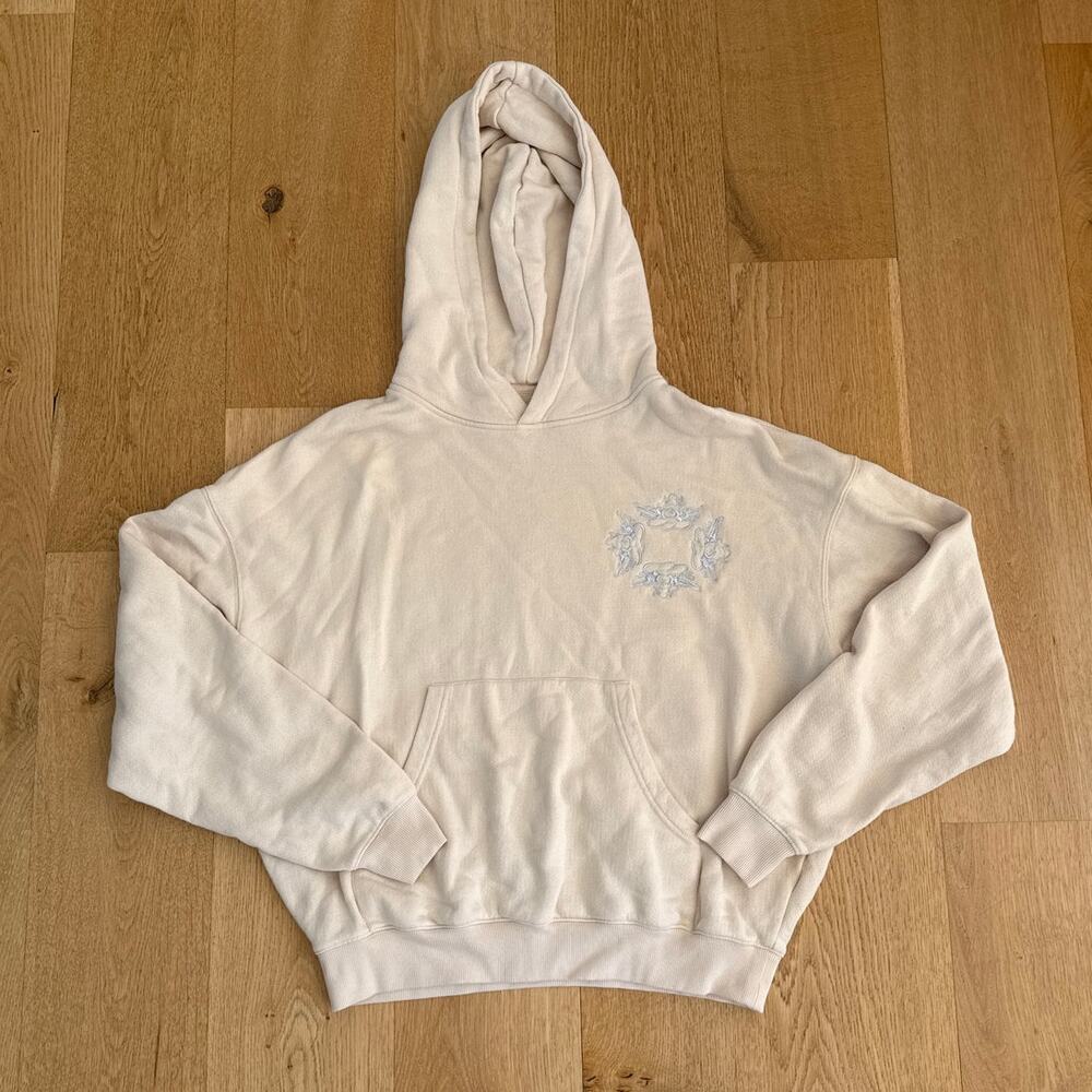 Boys Lie Oversized Graphic Hoodie Racer Girl Size M in Cream Blue
